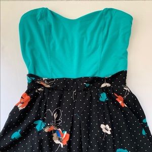 Strapless Teal Floral Dress